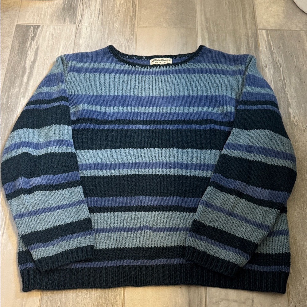 Eddie Bauer Striped Crewneck Sweater in Navy, Light Blue, and Steel Blue